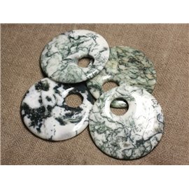 1pc - Piedra colgante - Ágata Dendrítica Tree Circle Donut 50mm Blanco Verde - 4558550005830