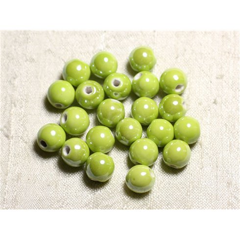 10pc - Perles Céramique Porcelaine Boules 10mm Vert Citron Lime irisé -  4558550088703 