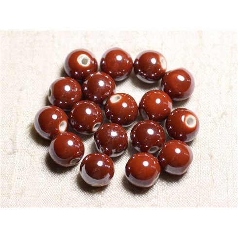 10pc - Perles Céramique Porcelaine Boules 12mm Marron Brique irisé -  4558550088826 