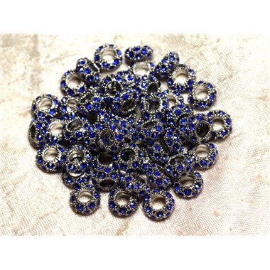 2pc - Perles rondelles 11mm gros trous - Métal Argenté Rhodium et Strass Verre Bleu Roi -  4558550010131 