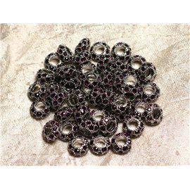 2pc - Round beads 11mm big holes - Rhodium Silver Plated and Pink Violet Glass Strass - 4558550015433 
