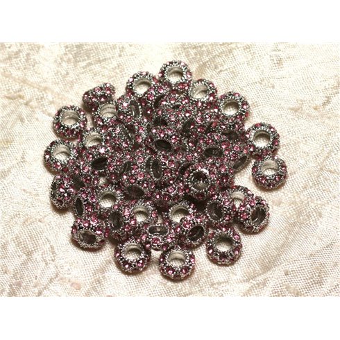 2pc - Perles rondelles 11mm gros trous - Métal Argenté Rhodium et Strass Verre Rose clair -  4558550015471 