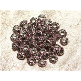 2pc - Round beads 11mm big holes - Rhodium Silver Plated Metal and Light Pink Glass Strass - 4558550015471 