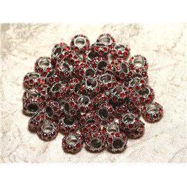 2pc - Round beads 11mm big holes - Rhodium Silver Plated and Red Glass Strass - 4558550015518 