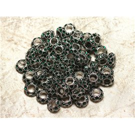 2pc - Cuentas de arandela 11mm agujeros grandes - Metal plateado rodio y diamantes de imitación vidrio verde - 4558550015532 