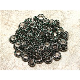 2pc - Round beads 11mm big holes - Rhodium Silver Metal and Green Glass Strass - 4558550015532 