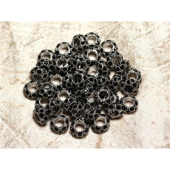 2pc - Perles rondelles 11mm gros trous - Métal Argenté Rhodium et Strass Verre Noir -  4558550015594 