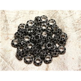 2pc - Round beads 11mm big holes - Rhodium Silver Metal and Black Glass Strass - 4558550015594 