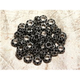 2pz - Perline tonde 11 mm fori grandi - Metallo argento rodiato e Strass di vetro nero - 4558550015594 