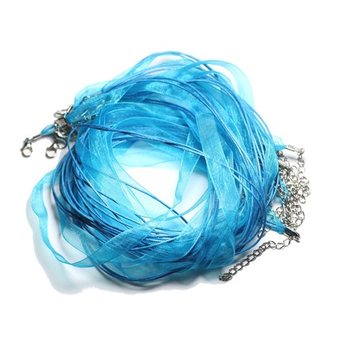 10pc - Colliers Tours de cou Organza et Coton 47cm Bleu Turquoise Paon -  4558550006301 