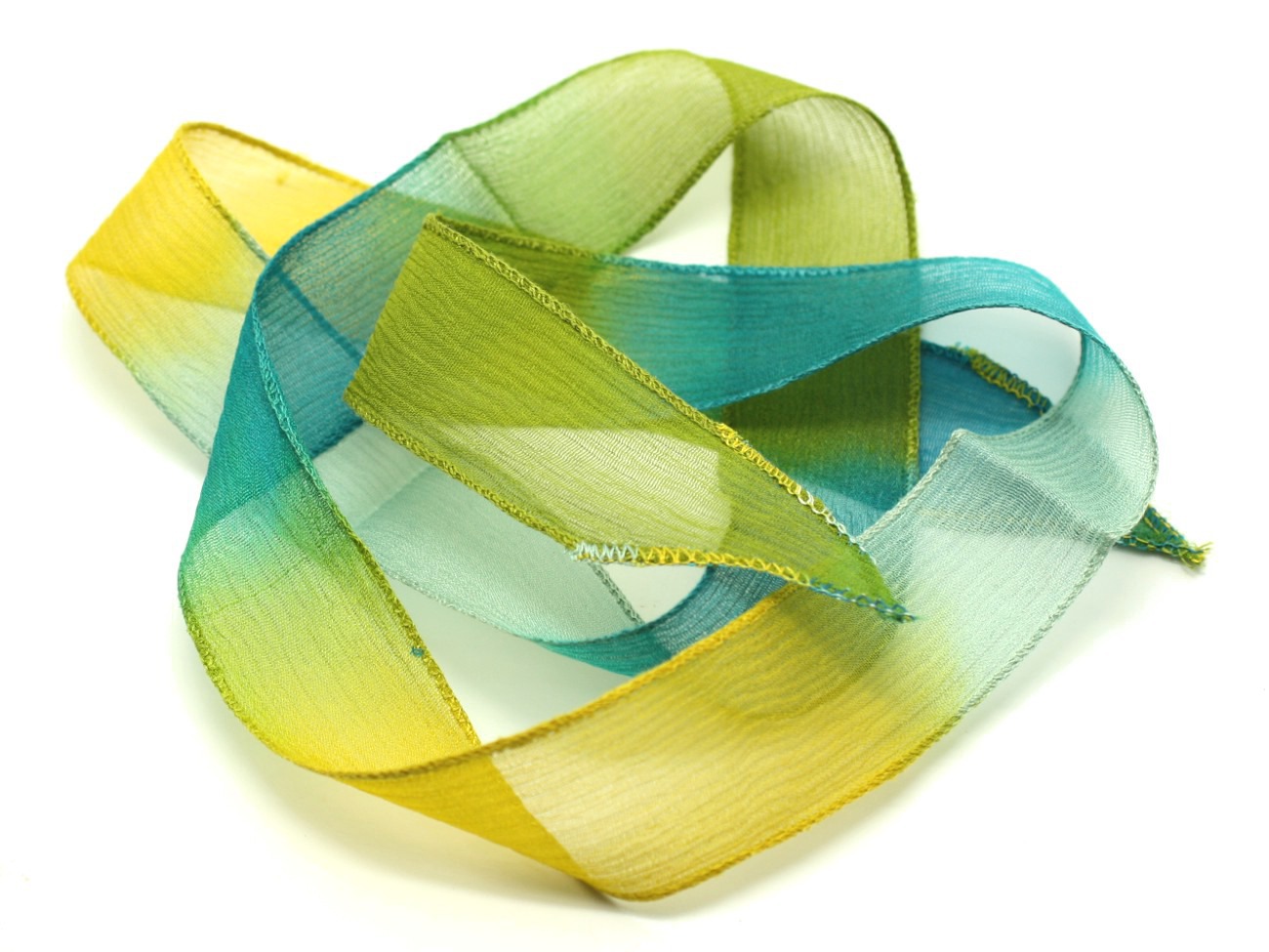 1pc - Collier Ruban Soie teint à la main 85 x 2.5cm Jaune Olive Bleu Paon (ref SOIE166)   4558550001665 