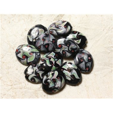 4pc - Perles en Verre Ovales 25x20mm Noir Blanc Vert Rouge   4558550005106 