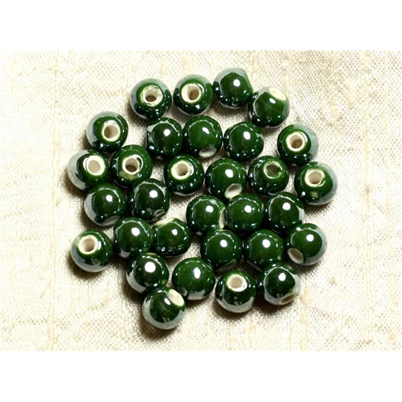 10pc - Perles Porcelaine Ceramique Boules 8mm Vert Olive Sapin Kaki irisé - 4558550008978
