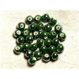 10pc - Perles Porcelaine Ceramique Boules 8mm Vert Olive Sapin Kaki irisé - 4558550008978