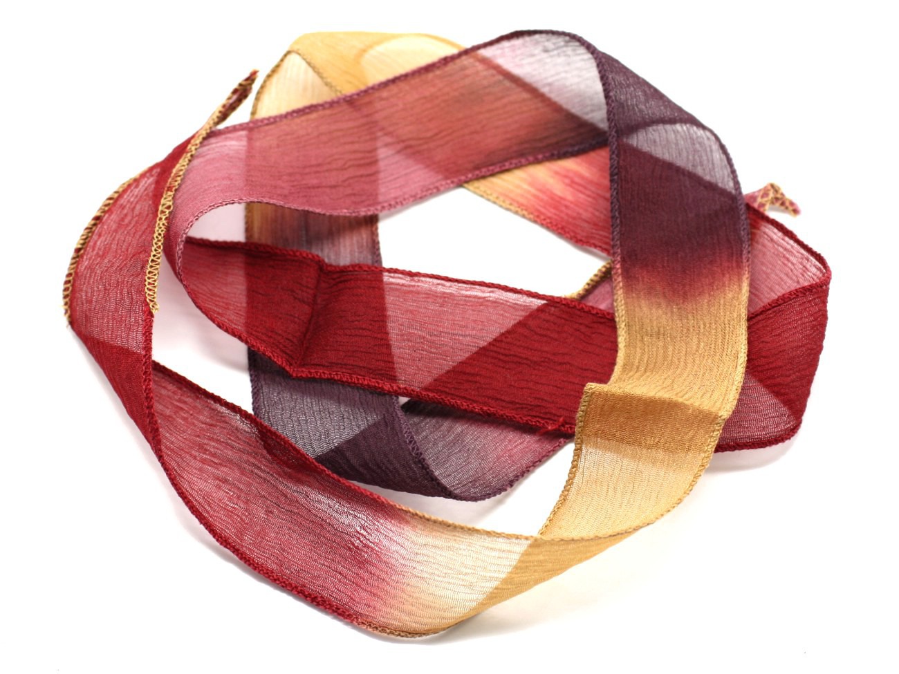 1pc - Collier Ruban Soie teint à la main 85 x 2.5cm Rouge Prune Violet Jaune (ref SOIE157)   4558550002822 