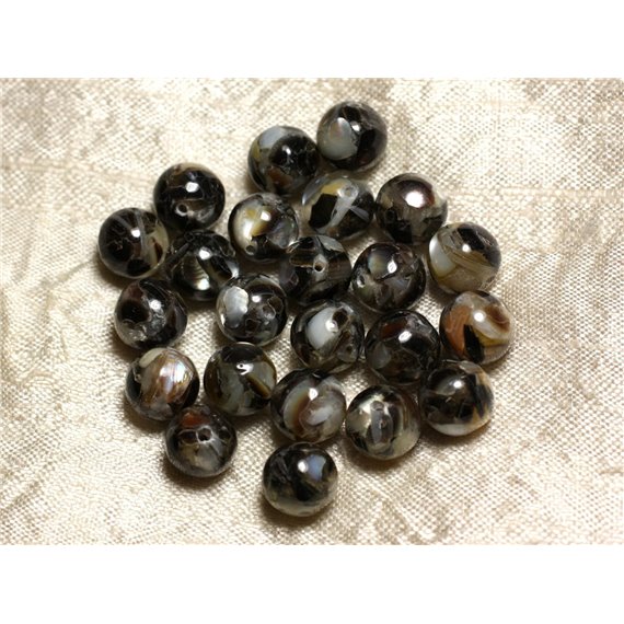 10pc - Perles Nacre et Résine - Boules 10mm Noir et Blanc  4558550015785 