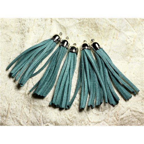 3pc - Pompon suédine Bleu Vert Turquoise et Métal Argenté 68mm   4558550009715 