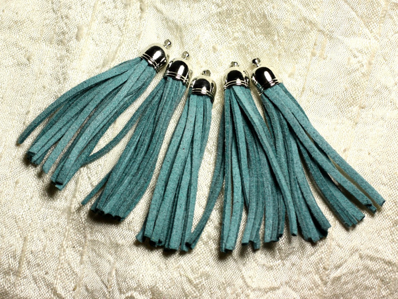 3pc - Pompon suédine Bleu Vert Turquoise et Métal Argenté 68mm   4558550009715 