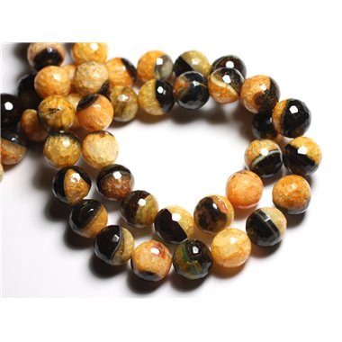 2pc - Perles Pierre - Agate Quartz Boules Facettées 14mm Noir Jaune Orange Safran - 4558550081759