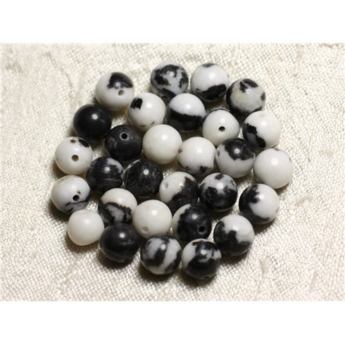 10pc - Perles de Pierre - Jaspe Mexicaine Blanc et Noir Boules 8mm - 4558550082183 