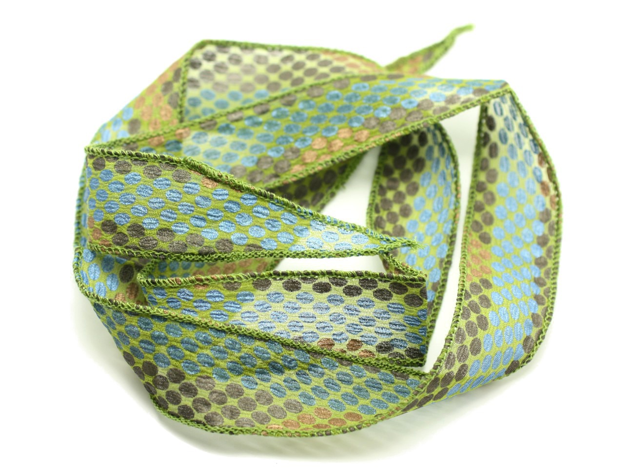 1pc - Collier Ruban Soie teint à la main 85 x 2.5cm Kaki, Pois Bleu, Marron, Cuivre (ref SOIE171)   4558550001788 