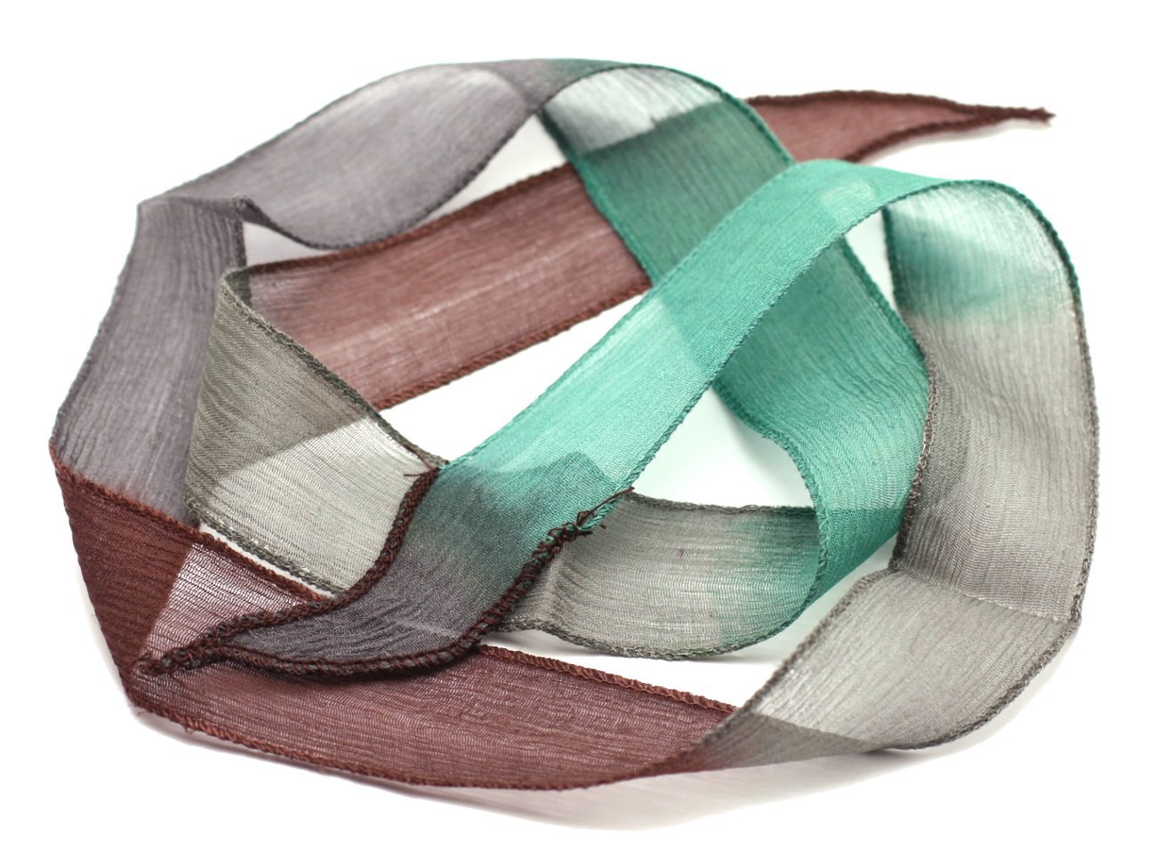 1pc - Collier Ruban Soie teint à la main 85 x 2.5cm Marron, Bleu Vert, Gris (ref SOIE169)   4558550001689 