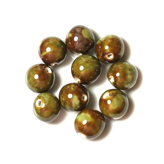 10pc - Grosses Perles Céramique Porcelaine Boules 20mm Marron Vert Kaki   4558550004444 