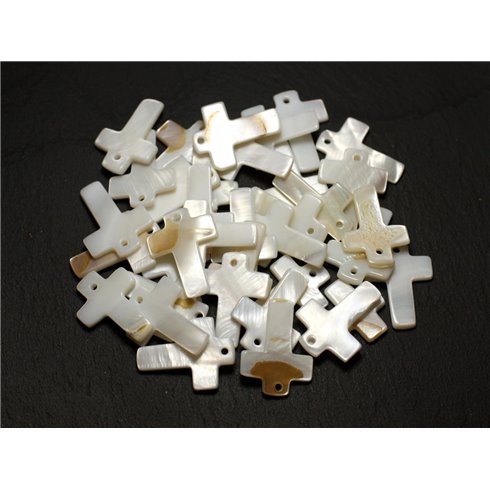 10pc - Breloques Pendentifs Nacre Blanche Croix 22mm avec imperfections   4558550000385 