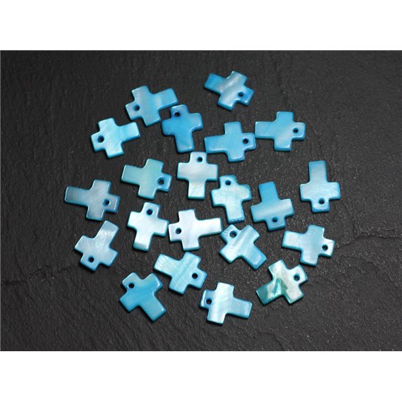 10pc - Perles Breloques Pendentifs Nacre Croix 12mm Bleu Turquoise   4558550002143