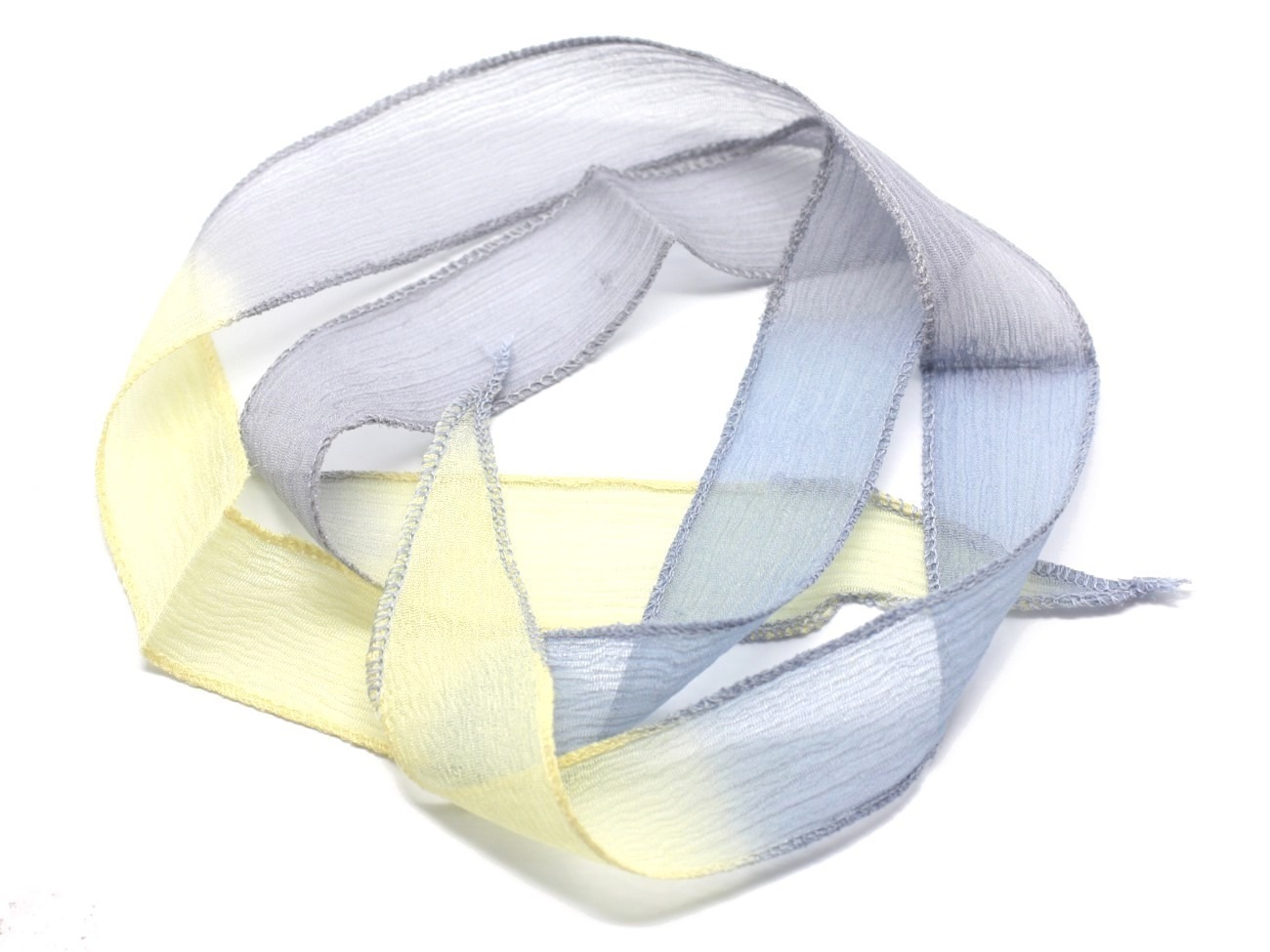 1pc - Collier Ruban Soie teint à la main 85 x 2.5cm Bleu Gris Jaune (ref SOIE147)   4558550002907 