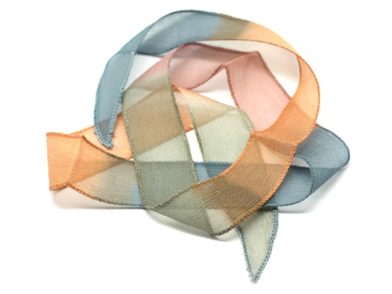 1pc - Collier Ruban Soie teint à la main 85 x 2.5cm Bleu Rose Orange (ref SOIE119)   4558550003287 