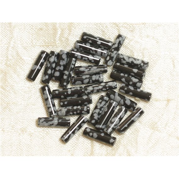 4pc - Perles Pierre - Obsidienne Flocon de Neige Mouchetée Tubes Cylindres 11-14mm gris noir - 7427039736312