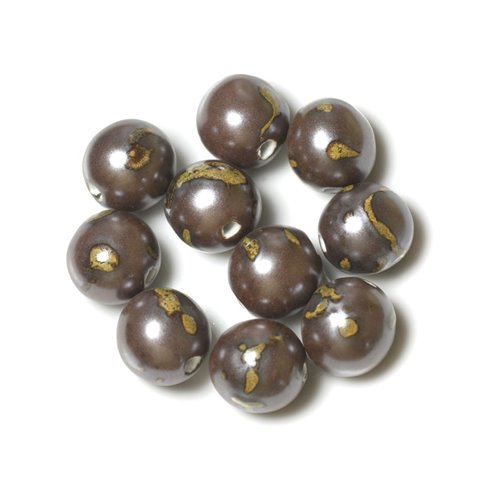 10pc - Grosses Perles Céramique Porcelaine Boules 20mm Marron Jaune   4558550004406