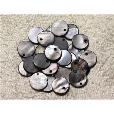 10pc - Perles Breloques Pendentifs Nacre - Ronds 15mm Gris Noir   4558550004888