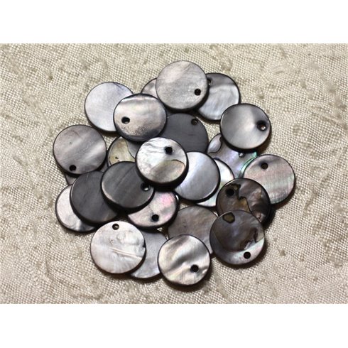 10pc - Perles Breloques Pendentifs Nacre - Ronds 15mm Gris Noir   4558550004888