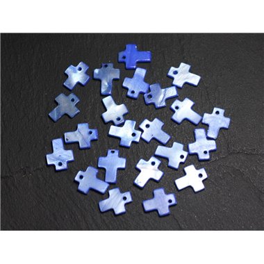 10pc - Perles Breloques Pendentifs Nacre Croix 12mm Bleu Roi Nuit - 4558550004949