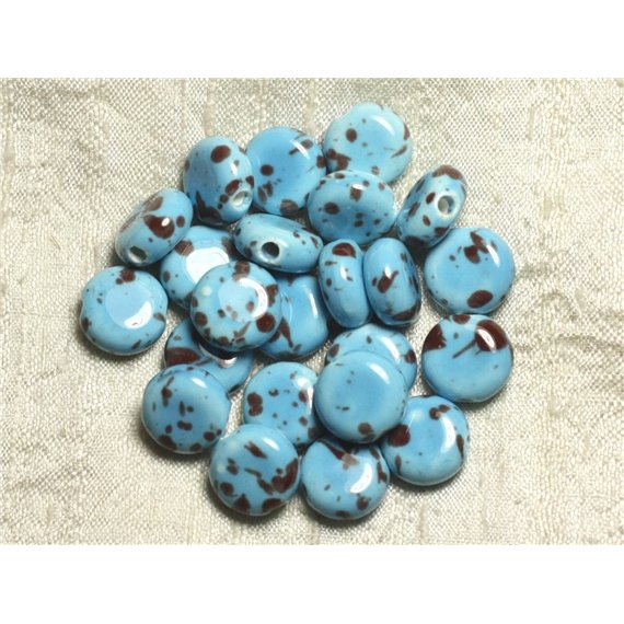 5pc - Perles Porcelaine Céramique Palets 14mm Bleu Turquoise Chocolat   4558550005625