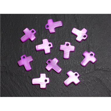 10pc - Perles Breloques Pendentifs en Nacre Croix 12mm Violet Rose Fuchsia Magenta - 4558550006035