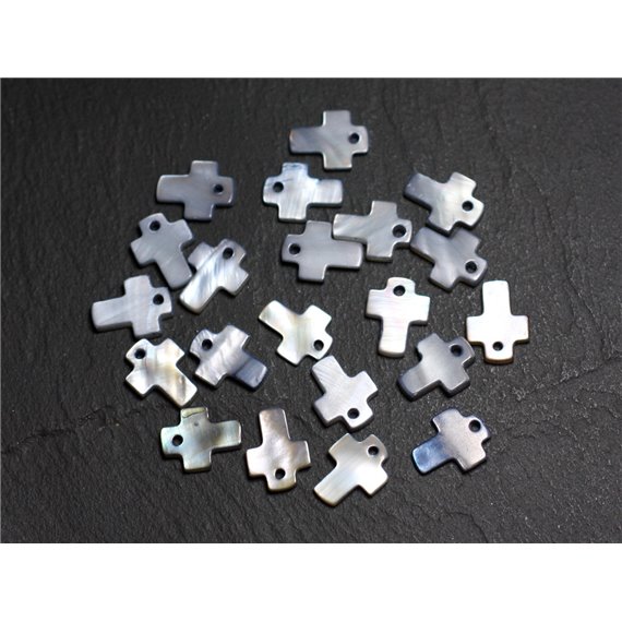 10pc - Perles Breloques Pendentifs Nacre Croix 12mm Gris Noir - 4558550006363