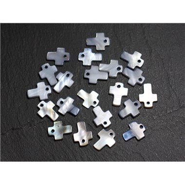 10pc - Perles Breloques Pendentifs Nacre Croix 12mm Gris Noir - 4558550006363