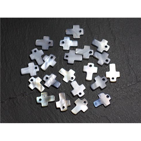 10pc - Perles Breloques Pendentifs Nacre Croix 12mm Gris Noir   4558550006363