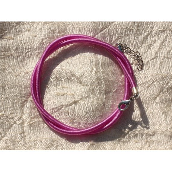 1pc - Collier Tour de cou 46cm Tissu Satin Soie Rond 3mm Violet Rose Fuchsia - 7427039735988