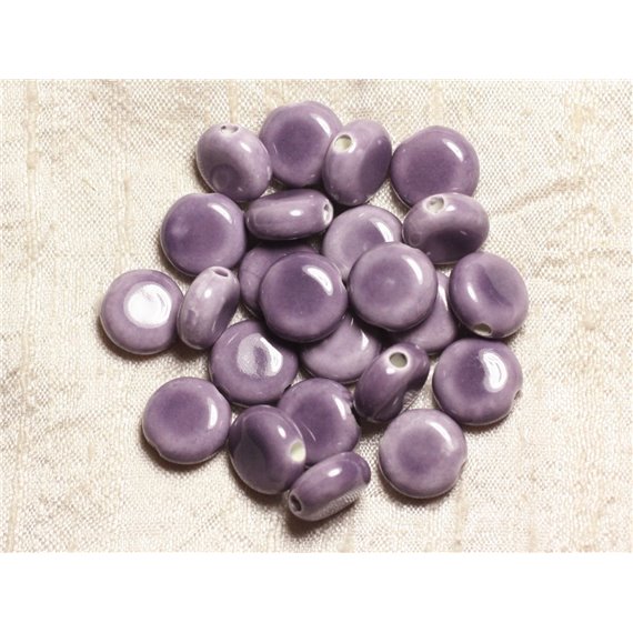 5pc - Perles Porcelaine Céramique Palets 14mm Mauve   4558550006875