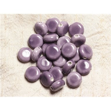 5pc - Perles Ceramique Porcelaine Rond plat Palet 14mm Violet Mauve Parme - 4558550006875