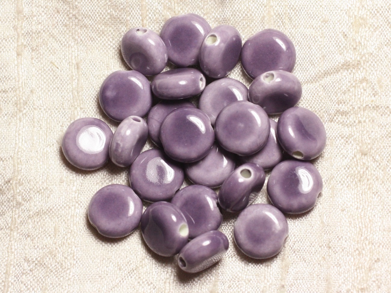 5pc - Perles Porcelaine Céramique Palets 14mm Mauve   4558550006875