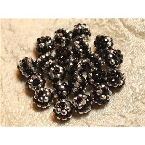 5pc - Perles Shamballas Résine 12x10mm Noir et Argenté N°1  4558550007087