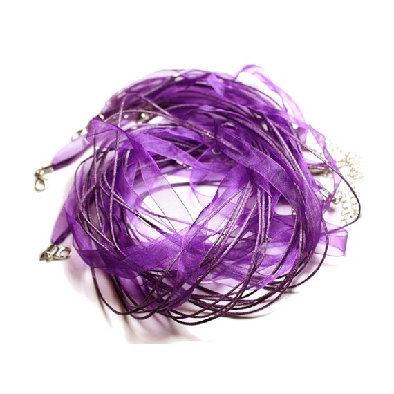 10pc - Colliers Tours de cou Organza et Coton 47cm Violet   4558550007124 