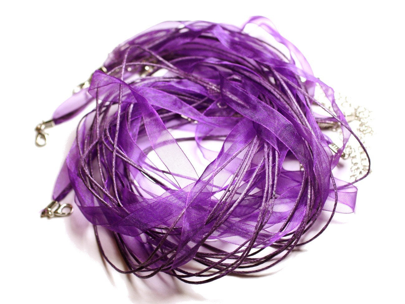 10pc - Colliers Tours de cou Organza et Coton 47cm Violet   4558550007124 