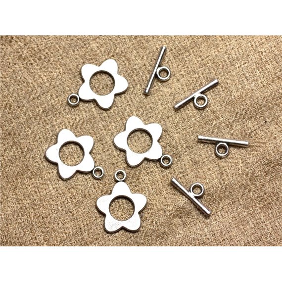 10pc - Fermoirs Toggle T Barre Métal Argenté Fleur 20mm - 4558550007308