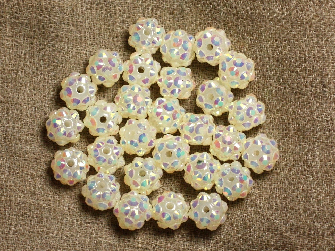 10pc - Perles Shamballas Résine 10x8mm Blanc Crème Transparent et Multicolore   4558550009296